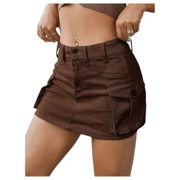 WDIRARA Women's Low Waist Button Bodycon Mini Cargo Denim Skirt with Pocket Brown Solid S