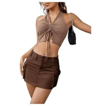 WDIRARA Women's Low Waist Button Bodycon Mini Cargo Denim Skirt with Pocket Brown Solid S