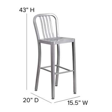Flash Furniture Gael 30" Commercial Metal Barstools with Footrest, Vertical Slat Back Bar Height Stools for Restaurants and Kitchens, Set of 2, Silver