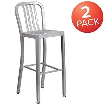 Flash Furniture Gael 30" Commercial Metal Barstools with Footrest, Vertical Slat Back Bar Height Stools for Restaurants and Kitchens, Set of 2, Silver