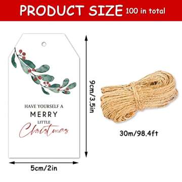 Whaline 100Pcs Christmas Tags with Hemp Rope Watercolor Plants Paper Tags Merry Christmas Holiday Ha...