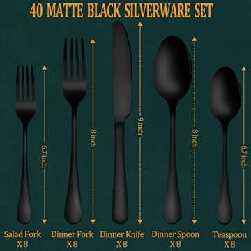 40 Pieces Matte Black Silverware Set for 8 – Stylish Stainless Steel Flatware for Home & Restauran...