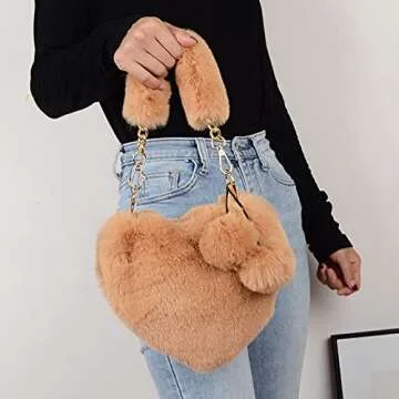 Rejolly Furry Purse for Girls Heart Shaped Fluffy Faux Fur Handbag for Women Soft Small Valentine's Day Shoulder Bag Clutch Purse with Pom Poms Brown