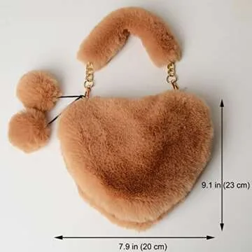 Rejolly Furry Purse for Girls Heart Shaped Fluffy Faux Fur Handbag for Women Soft Small Valentine's Day Shoulder Bag Clutch Purse with Pom Poms Brown