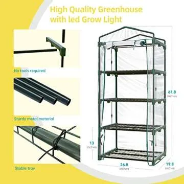Bstrip Indoor Greenhouse with Grow Lights, 4 Tier 27.2" L×19.9" W×61.8" H Mini Greenhouse with Zippered PVC Cover for Seed Starting Trays, Dimmable 2FT 60W Plant Light for Indoor Plants with Timer
