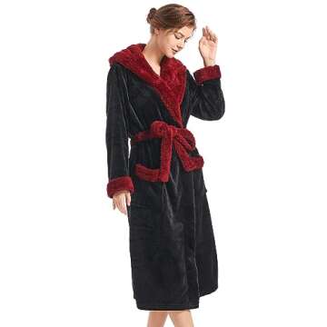 Inner Wish Women Hooded Plush Robe, Fleece Cozy Warm Bathrobe Fuzzy Female Spa Robe With Pockets Spa...