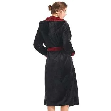 Inner Wish Women Hooded Plush Robe, Fleece Cozy Warm Bathrobe Fuzzy Female Spa Robe With Pockets Spa Bathrobe,BLACK+BURGUNDY, S/M