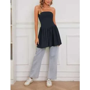 DURUNUL Tube Top Dress for Women Summer Solid Strapless Flowy Mini Dresses Patchwork Pleated Drop Waist Flared Party Dress Black