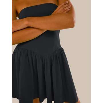 DURUNUL Tube Top Dress for Women Summer Solid Strapless Flowy Mini Dresses Patchwork Pleated Drop Waist Flared Party Dress Black