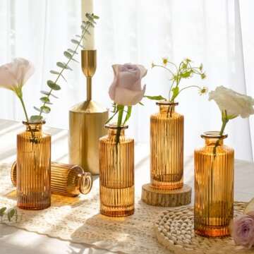 ComSaf Small Flower Vases, Amber Bud Vases Set, Mini Bud Vase in Bulk, Winter Fall Mini Table Flower vase for Centerpiece, Wedding Reception, Christmas, Home Decor, Housewarming Gift (Amber)