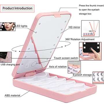 LED Eyelash Holder Case with Makeup Mirror,AREMOD Rechargeable False Eyelash Container Organizer Empty with Light Travel Eyelashes Storage Box for Makeup (Pink)