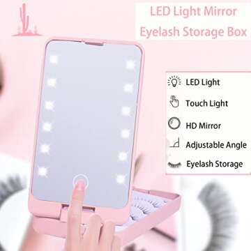 LED Eyelash Holder Case with Makeup Mirror,AREMOD Rechargeable False Eyelash Container Organizer Empty with Light Travel Eyelashes Storage Box for Makeup (Pink)