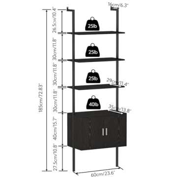 Yusong 73" Tall Bookshelf with Cabinet, Industrial Ladder Wall Mount Shelf Bookcase with Wood and Metal Frame, Plant Shelf Wall Storage Display for Living Room Bedroom, Black Wood Grain
