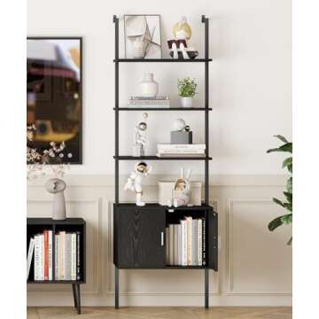 Yusong 73" Tall Bookshelf with Cabinet, Industrial Ladder Wall Mount Shelf Bookcase with Wood and Metal Frame, Plant Shelf Wall Storage Display for Living Room Bedroom, Black Wood Grain