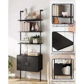 Yusong 73" Tall Bookshelf with Cabinet, Industrial Ladder Wall Mount Shelf Bookcase with Wood and Metal Frame, Plant Shelf Wall Storage Display for Living Room Bedroom, Black Wood Grain