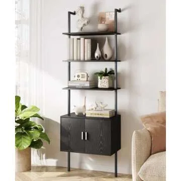 Yusong 73" Tall Bookshelf with Cabinet, Industrial Ladder Wall Mount Shelf Bookcase with Wood and Metal Frame, Plant Shelf Wall Storage Display for Living Room Bedroom, Black Wood Grain
