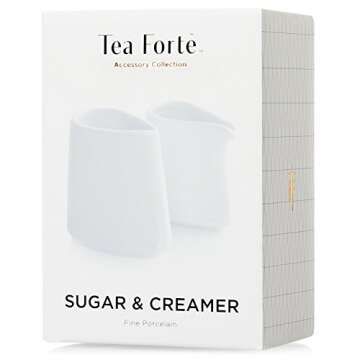 Tea Forte 2 Piece Mini Fine Porcelain White Sugar Dispenser with Spout and Creamer Pitcher Tea and C...