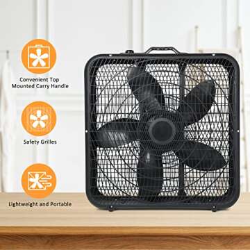 Simple Deluxe 20” Box Fan, 3-Speed Cooling Table Fan with Aerodynamic Shaped Fan Blades, Convenient Carry Handle and Safety Grills, Black