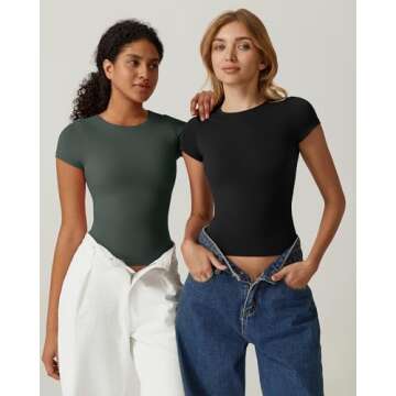 QINSEN Women's Crew Neck Short Sleeve Tees Double Lined Slim Fit T Shirt Basic Y2K Tops