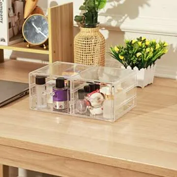 Pack of 2 Acrylic Countertop Stackable Drawers Bathroom Cabinet Organizer Clear Organizing Bins For Cosmetics Organizer Jewelry Hair Accessories Nail Polish Make Up Marker Pen