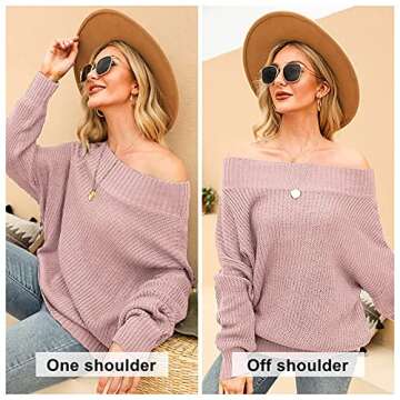 EXLURA Off Shoulder Sweater Batwing Sleeve Loose Oversized Pullover Pink