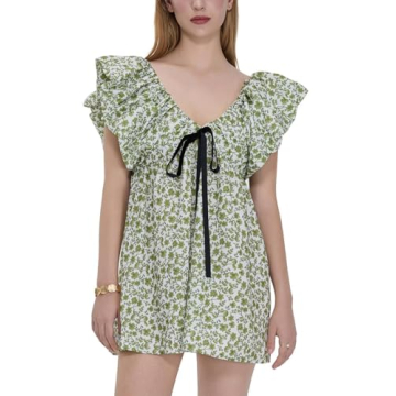 Sastianaen Women Y2k Floral Print Mini Dress Boho V Neck Puff Sleeve Short Dress Bow Tie Flowy Dress...