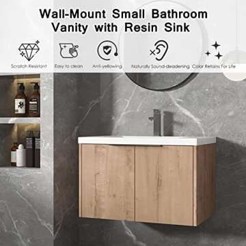 SSLine Wall Mounted Bathroom Vanity with Sink Combo Modern 30-Inch Single Bathroom Vanity Set with Top Basin &Storage Cabinet Wood Hanging Bath Cabinet w/Resin Sink for Small Space(Brown)