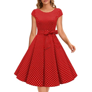 Dressystar 1956 Women Vintage Cocktail Dress 1950s Retro Rockabilly Prom Dresses Cap-Sleeve Red Whit...