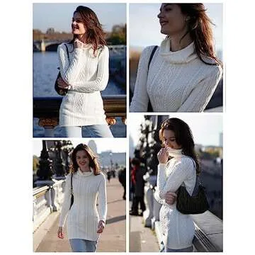 v28 Women Polo Neck Turtleneck Knit Stretchable Elasticity Long Slim Sweater (S,Cream White)