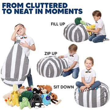 5 STARS UNITED Stuffed Animal Storage Bean Bag – Toy Storage Organizer and Bean Bag Chair for Kids Holds up to 90+ Plush Toys – Cotton Canvas Bags Cover for Boys and Girls Ages 4-11, Black Stripes