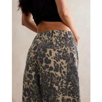 POTILI Women's Barrel Boyfriend Baggy Leopard Print Jeans Mid Rise Cropped Wide Leg Y2K Horseshoe Jeans for Women Trendy