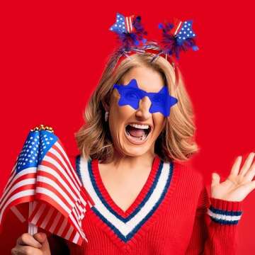 4 PCS Patriotic Party Accessories - Independence Day Headband, Star Sunglasses, Red White Blue Party Favors and Memorial Day Supplies
