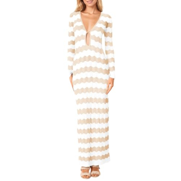 Saodimallsu Women's Crochet Summer Maxi Dress - Stylish V Neck Long Sleeve Beach Cover Up in Beige