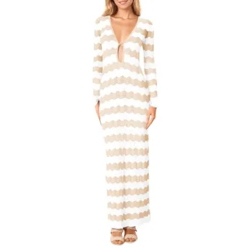 Saodimallsu Women's Crochet Summer Maxi Dress - Stylish V Neck Long Sleeve Beach Cover Up in Beige