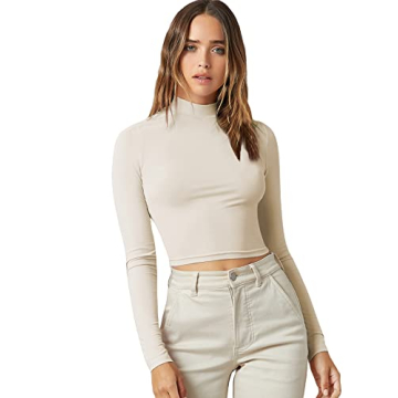 Verdusa Women's Basic Mock Neck Long Sleeve Fitted Crop T Shirt in Beige