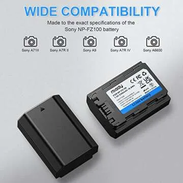 Miady NP-FZ100 Replacement Battery and Dual LCD Charger Set Upgrade Model Compatible with Sony Alpha A7III, A7RIII, A9, A9R, A9S, A6600, 2-Pack 2500mAh 18.5Wh(Type C & Micro USB Ports)