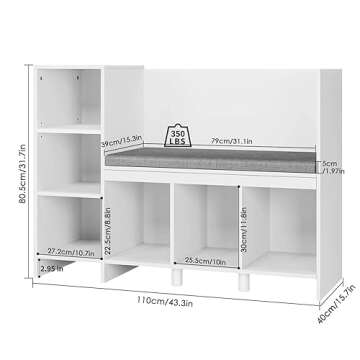 HOUSUIT 43.3" Kids Reading Nook Bench, Nursery Bookshelf and Bookcase with Seat Cushion, 6-Cubby Boo...