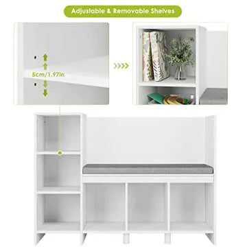 HOUSUIT 43.3" Kids Reading Nook Bench, Nursery Bookshelf and Bookcase with Seat Cushion, 6-Cubby Book Shelf Storage Organizer for Playroom, Bedroom, Living Room, Entryway, White
