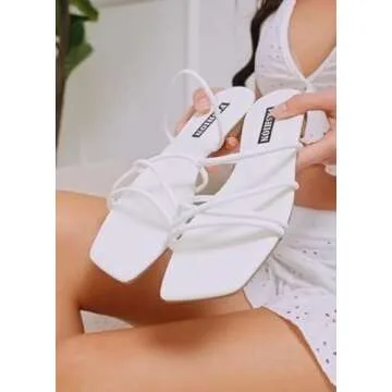 GORGLITTER PU Leather Flat Stappy Sandals Dressy Cross Strap Slip On Summer Slide Sandal White CN36