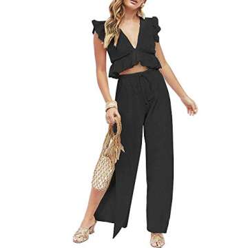FANCYINN 2 Pieces Black Beach Jumpsuits Outfits for Women Deep V Neck Crop Top Side Slit Drawstring Wide Leg Pants Set Halloween Black Witch M
