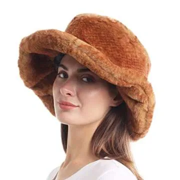 LA CARRIE Women's Snakeskin Print Faux Fur Bucket Hat Winter Warmer Fisherman Cap (Camel)