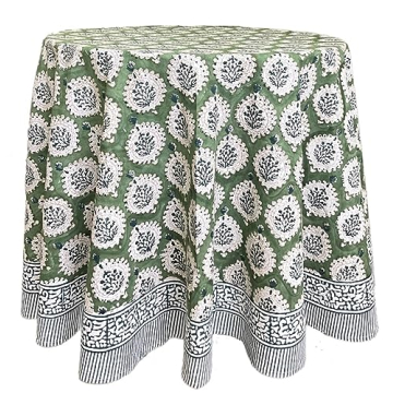 ATOSII Kari Green 100% Cotton Round Boho Spring Summer Tablecloth, Block Print Floral Table Cloth Li...