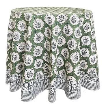 ATOSII Kari Green 100% Cotton Round Boho Spring Summer Tablecloth, Block Print Floral Table Cloth Li...