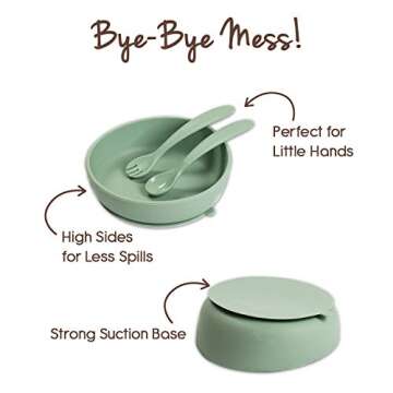 Little Twig Unbreakable Silicone Feeding Set | 6 PC Tableware Set | Non-Toxic BPA & PVC Free | Dishwasher & Microwave Safe | Includes Strong Suction Plate, Bowl, Spoon, Fork, Bib, Travel Bag | Sage