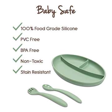 Little Twig Unbreakable Silicone Feeding Set | 6 PC Tableware Set | Non-Toxic BPA & PVC Free | Dishwasher & Microwave Safe | Includes Strong Suction Plate, Bowl, Spoon, Fork, Bib, Travel Bag | Sage