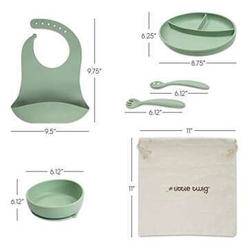 Little Twig Unbreakable Silicone Feeding Set | 6 PC Tableware Set | Non-Toxic BPA & PVC Free | Dishwasher & Microwave Safe | Includes Strong Suction Plate, Bowl, Spoon, Fork, Bib, Travel Bag | Sage