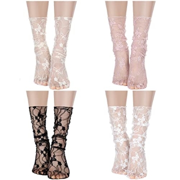 Bencailor 4 Pairs Women Sheer Slouch Socks - Lace & Mesh Decorated Socks