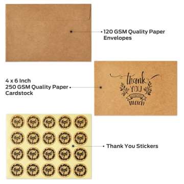 Ohuhu Bulk 104 Thank You Cards Brown Kraft 4x6 Thank You Notes with Self-Seal Envelopes and Stickers - Elegant 8 Design Greeting Card for Wedding Shower Business Graduation Birthday
