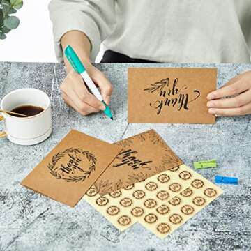 Ohuhu Bulk 104 Thank You Cards Brown Kraft 4x6 Thank You Notes with Self-Seal Envelopes and Stickers - Elegant 8 Design Greeting Card for Wedding Shower Business Graduation Birthday