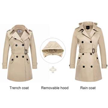FARVALUE Women's Waterproof Trench Coat Double Breasted Windbreaker Classic Belted Lapel Overcoat with Removable Hood Khaki Medium
